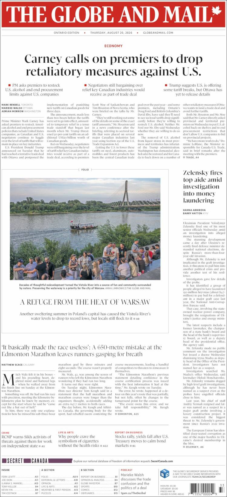 Portada de The Globe and Mail (Canad&aacute;)