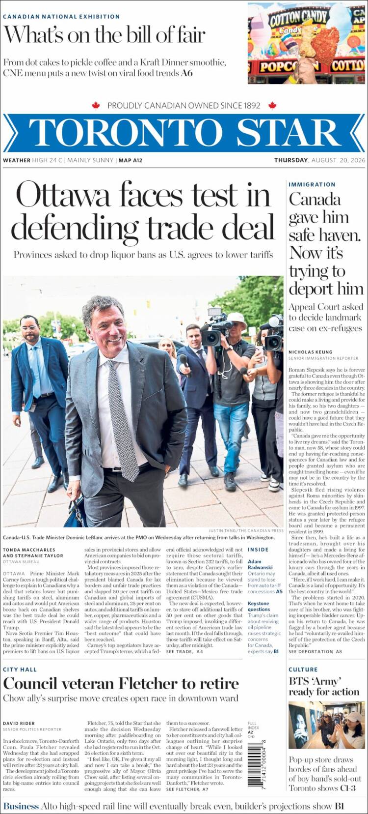 Portada de The Toronto Star (Canad&aacute;)