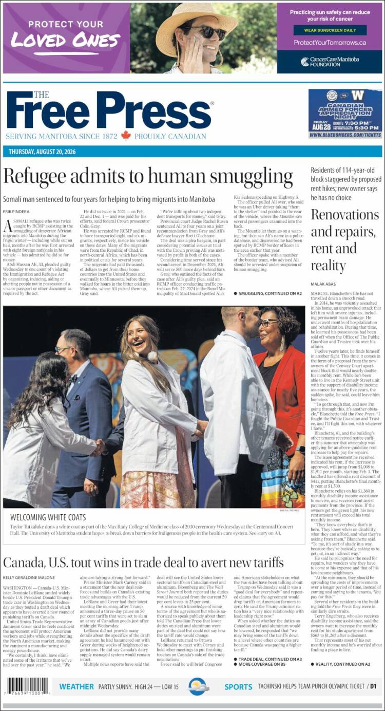 Portada de Winnipeg Free Press (Canad&aacute;)