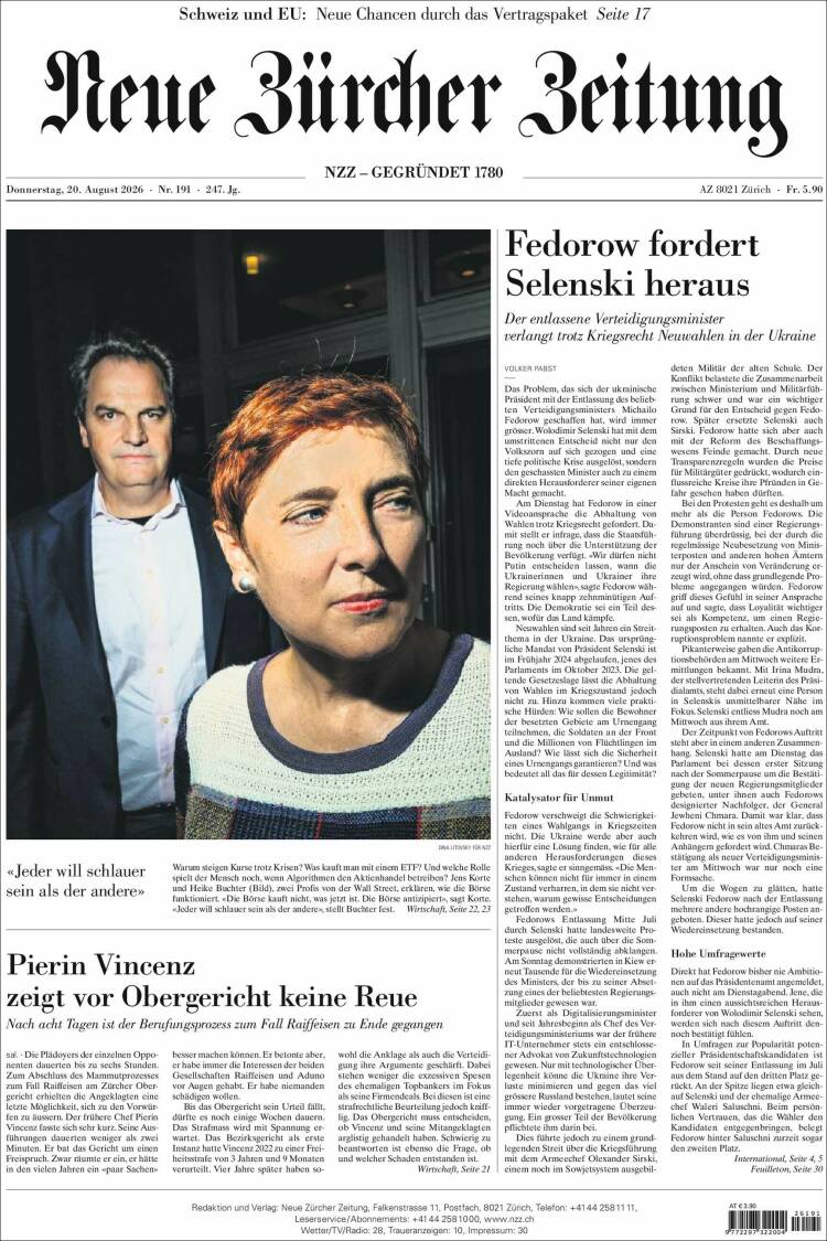 Portada de Neue Zürcher Zeitung (Suiza)