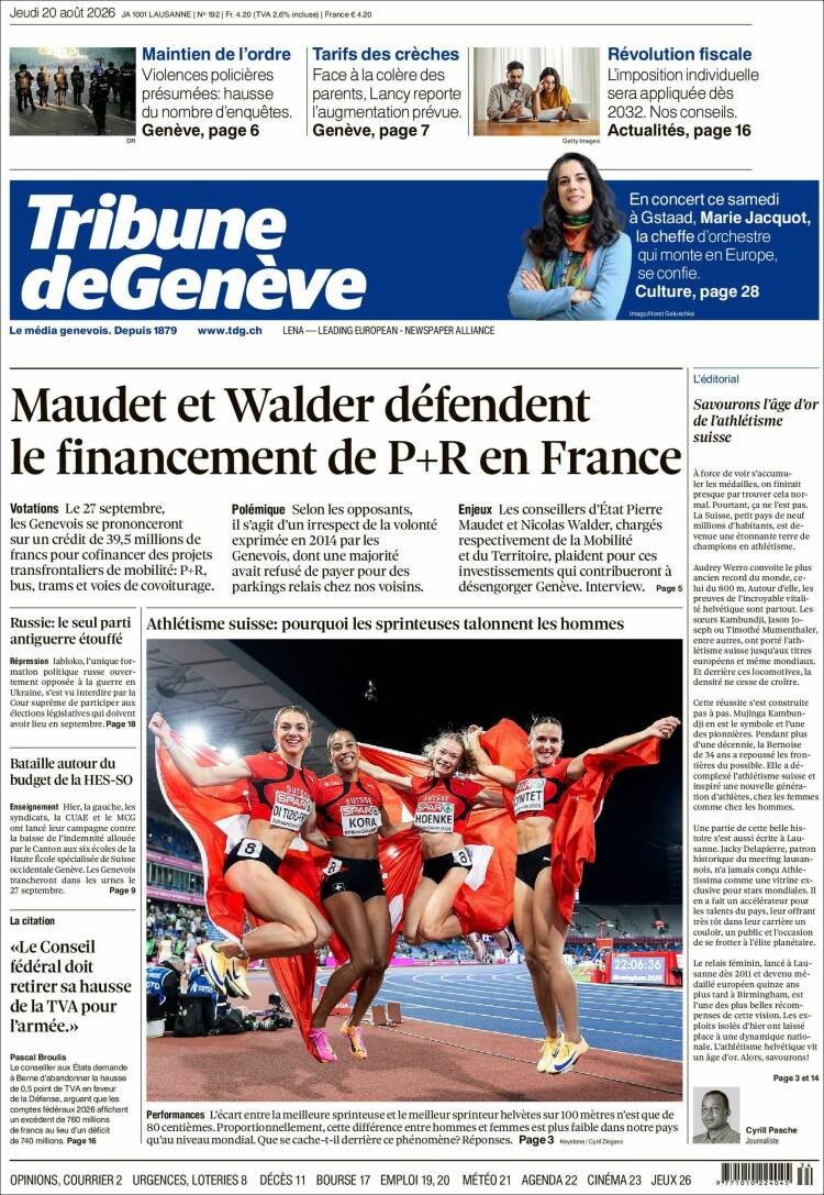 Portada de La Tribune de Genève (Suiza)