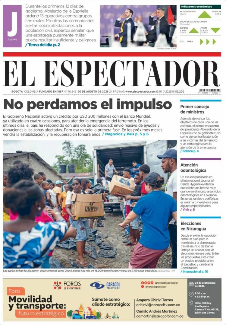 Portada de El Espectador (Colombia)