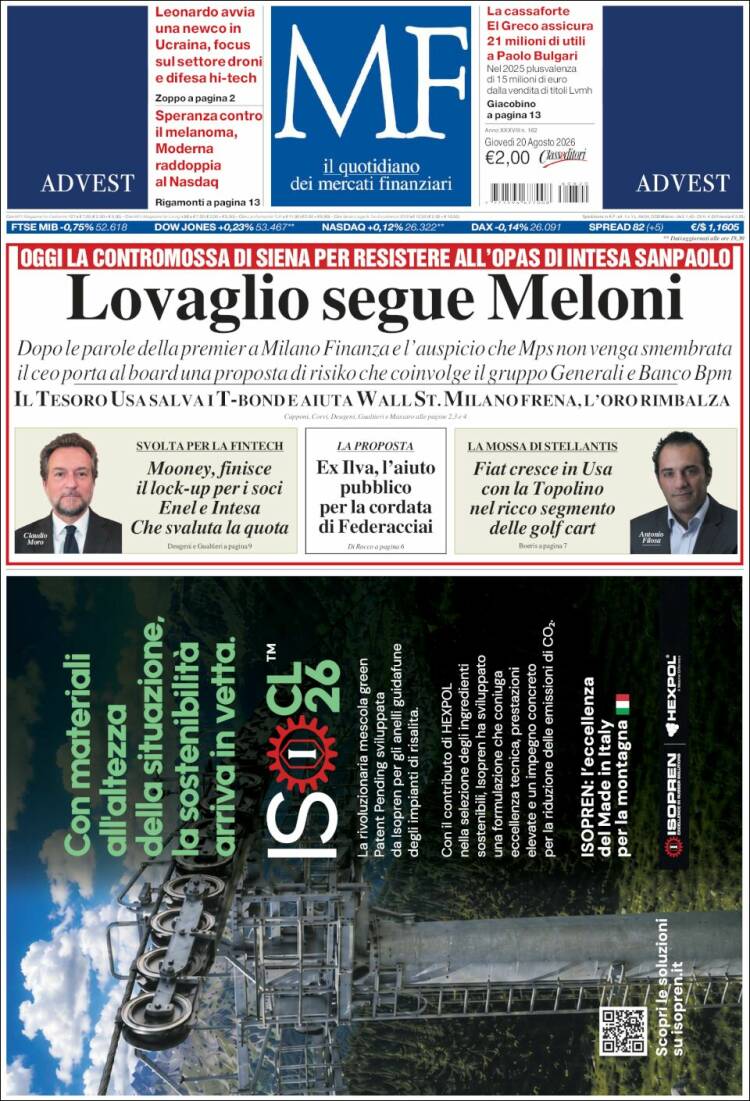 Portada de Milano Finanza (Italia)