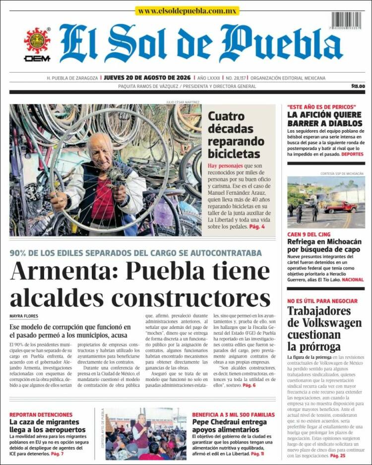 Portada de El Sol de Puebla (M&eacute;xico)