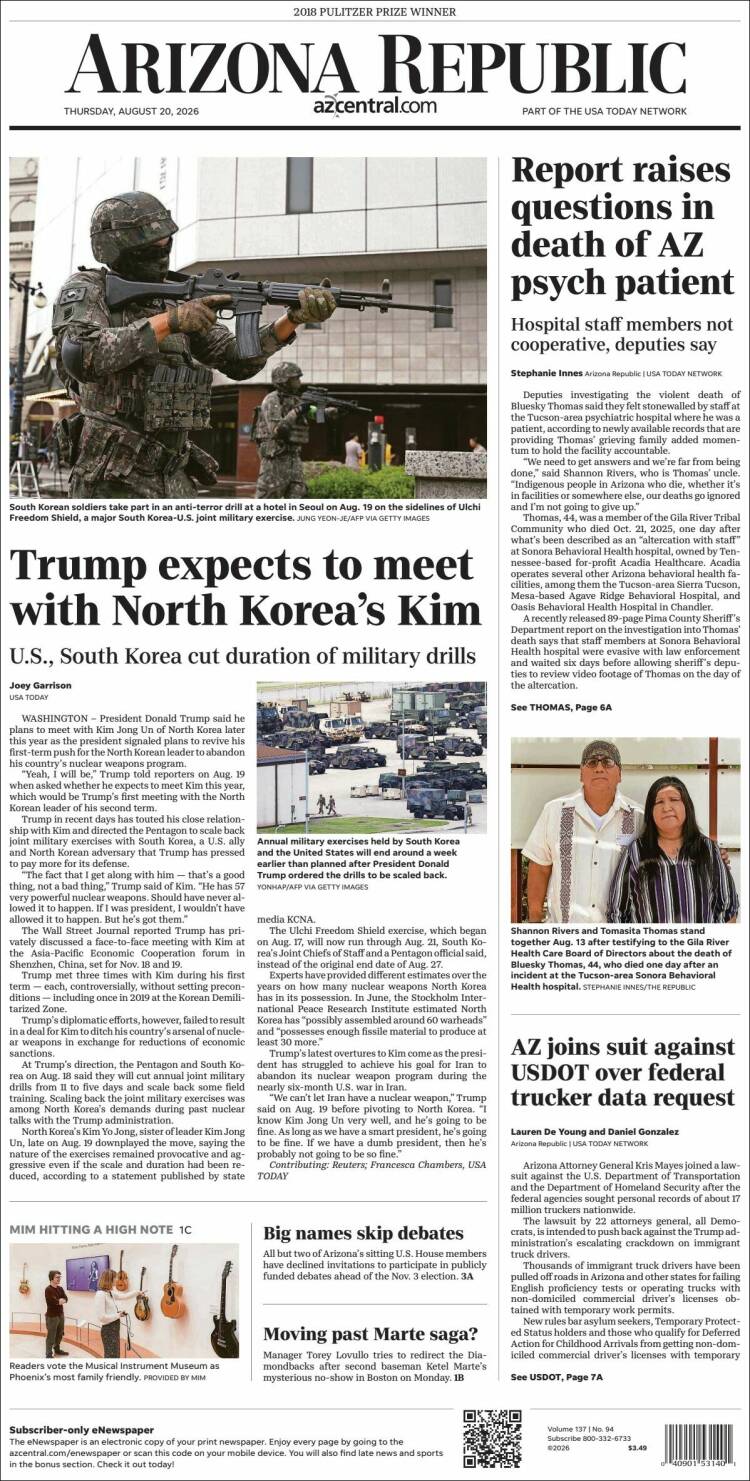 Portada de Arizona Republic News (USA)
