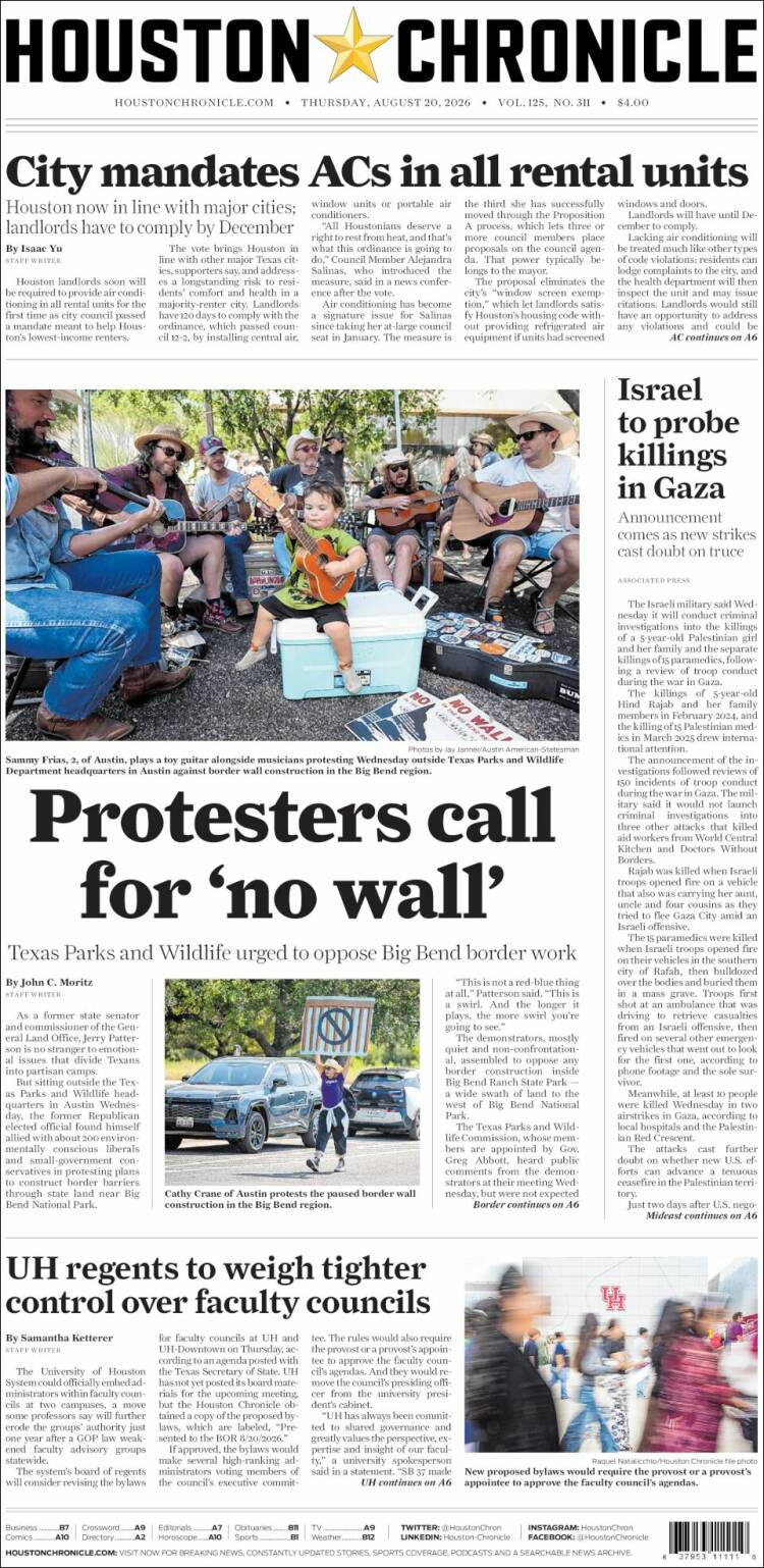 Portada de Houston Chronicle (USA)