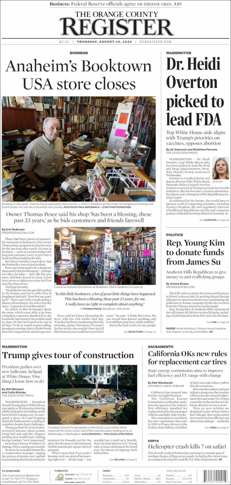 Portada de The Orange County Register (USA)
