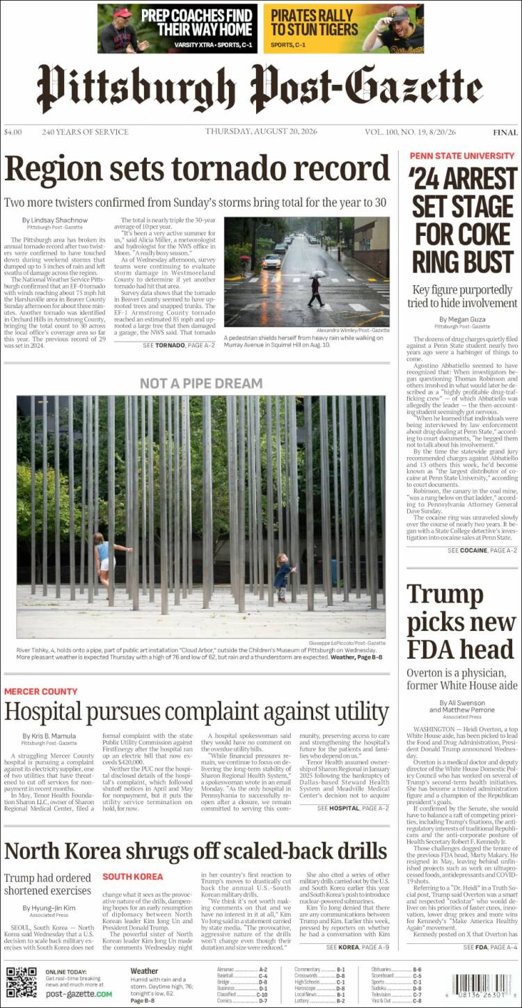 Portada de Pittsburgh Post-Gazette (USA)