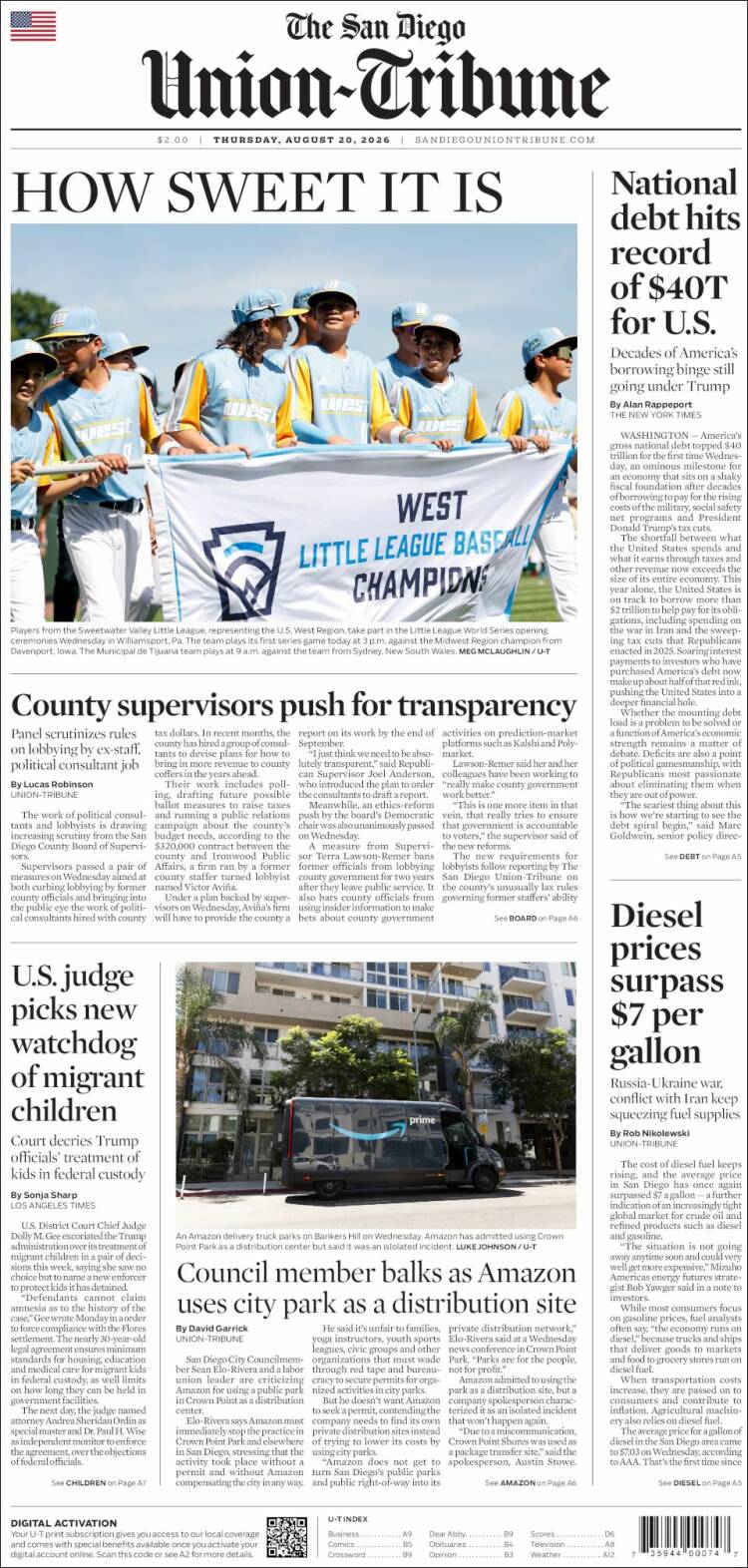 Portada de The San Diego Union-Tribune (USA)