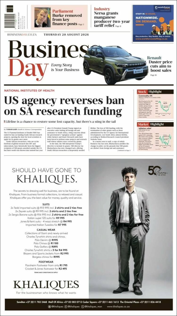 Portada de Business Day (Sud&aacute;frica)
