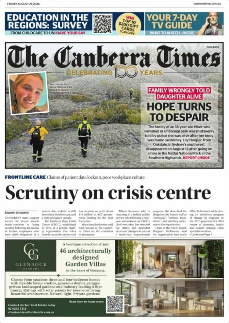 Portada de The Canberra Times (Australia)