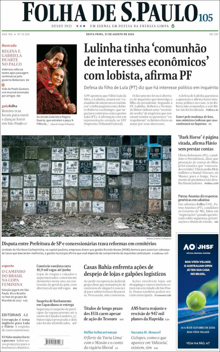 Portada de Folha de São Paulo (Brasil)