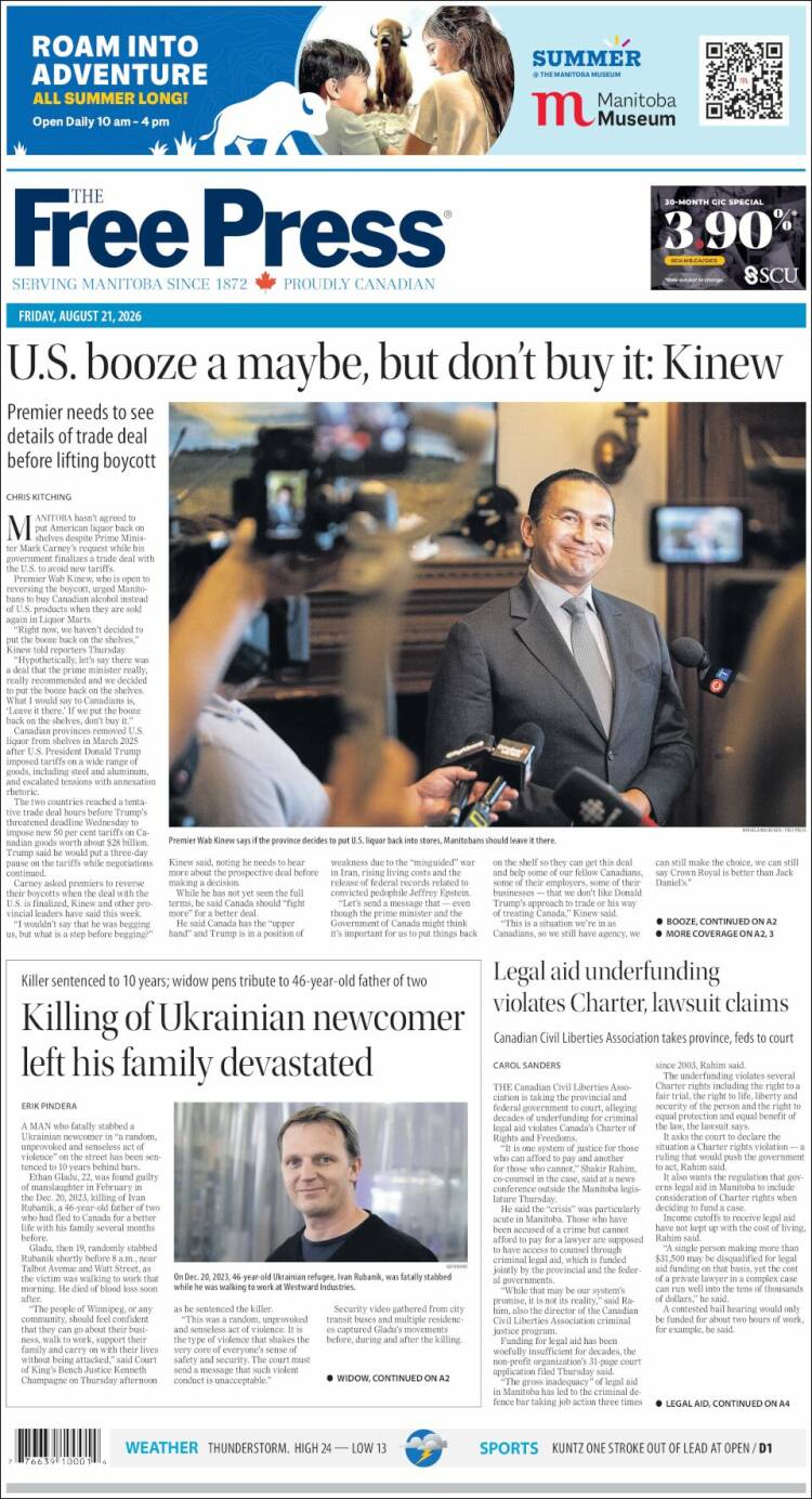 Portada de Winnipeg Free Press (Canad&aacute;)