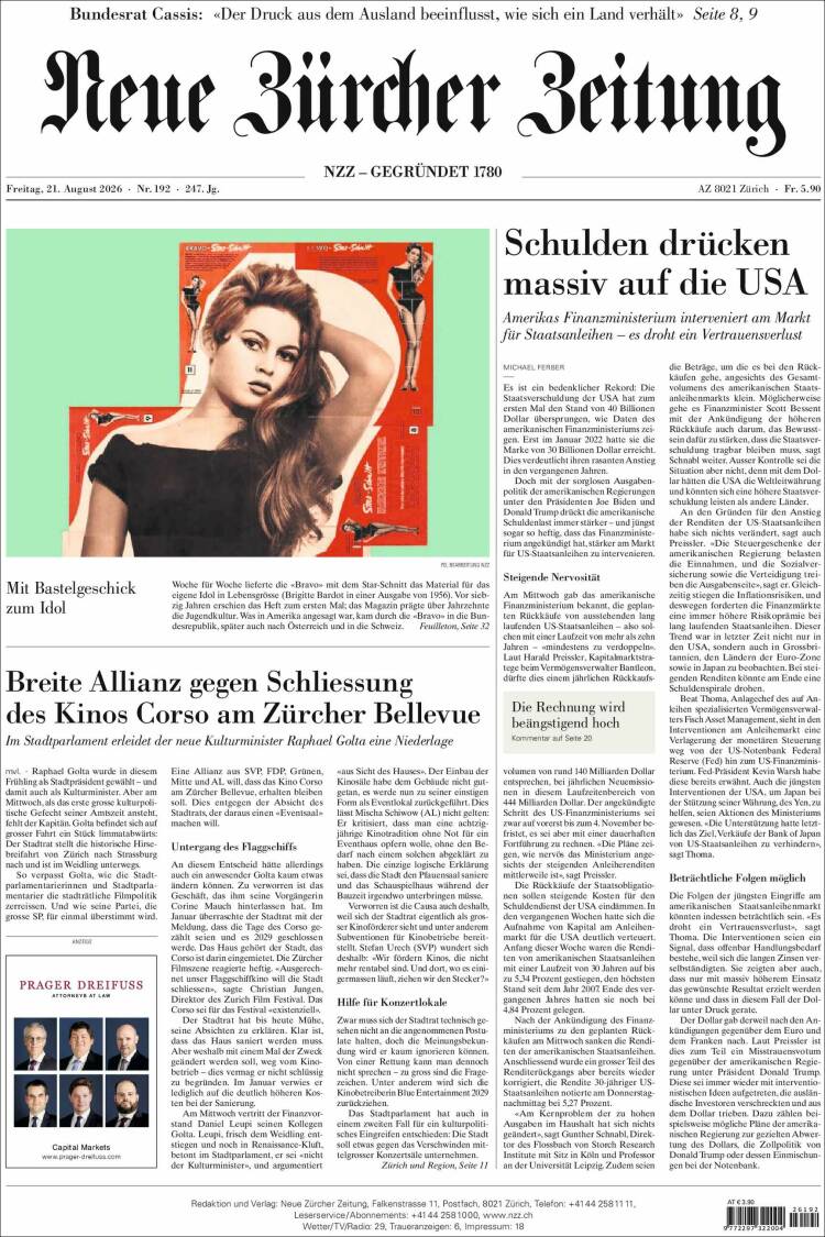 Portada de Neue Zürcher Zeitung (Suiza)