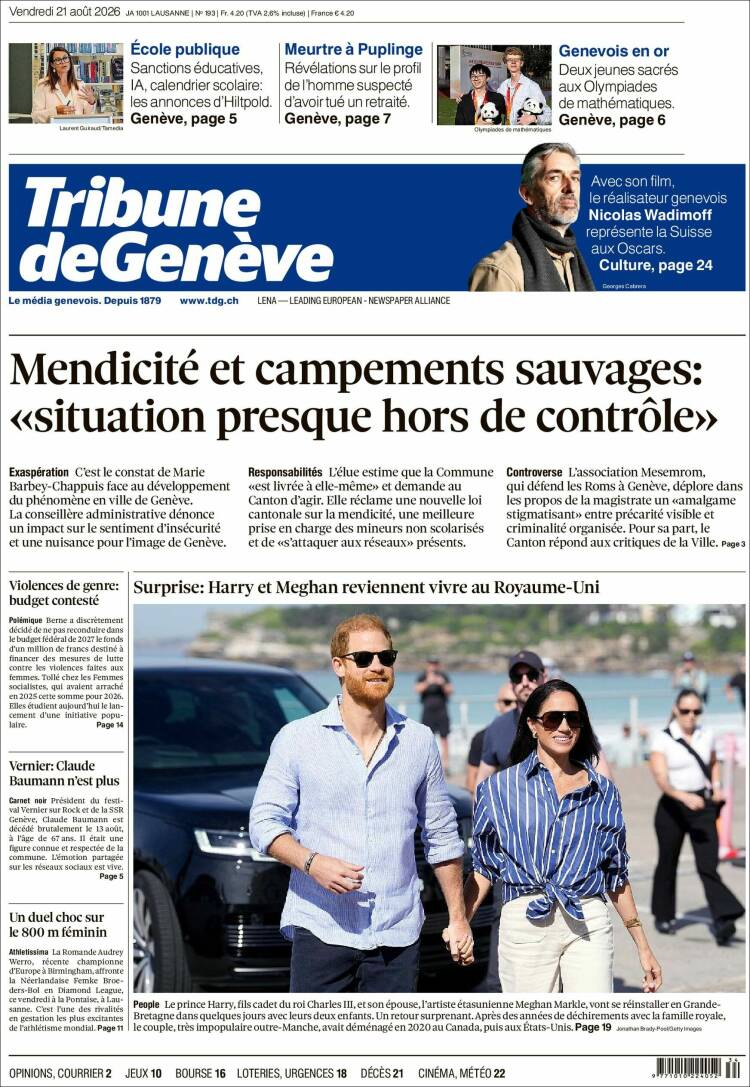Portada de La Tribune de Genève (Suiza)