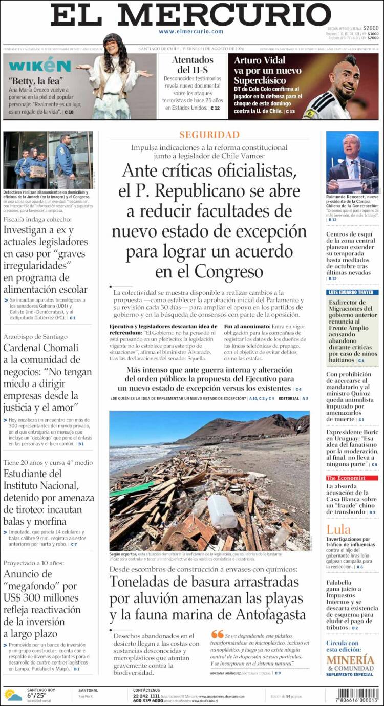 Portada de El Mercurio (Chile)