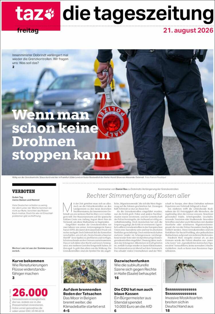 Portada de Die Tageszeitung (Alemania)