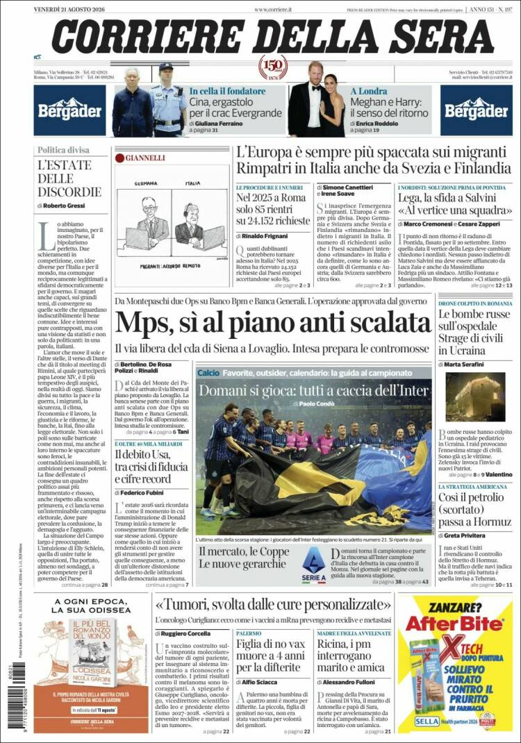 Portada de Corriere della Sera (Italia)