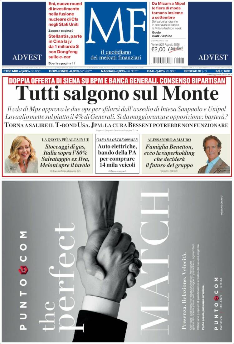 Portada de Milano Finanza (Italia)