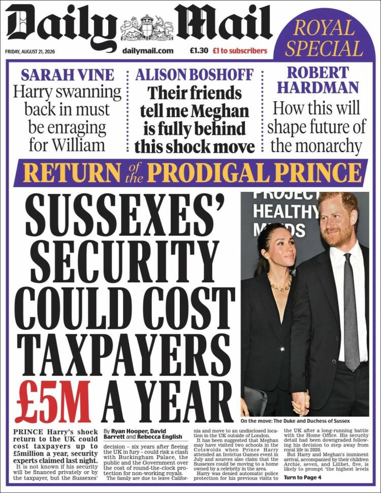 Portada de Daily Mail (Reino Unido)