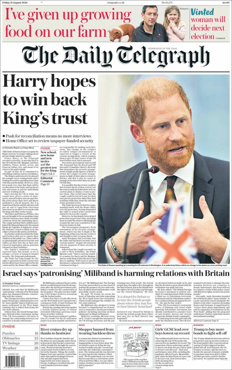 Portada de Daily Telegraph (Reino Unido)