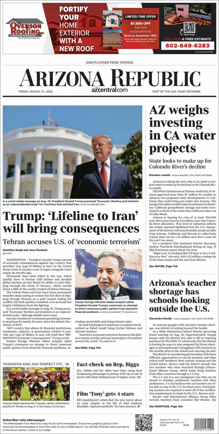 Portada de Arizona Republic News (USA)