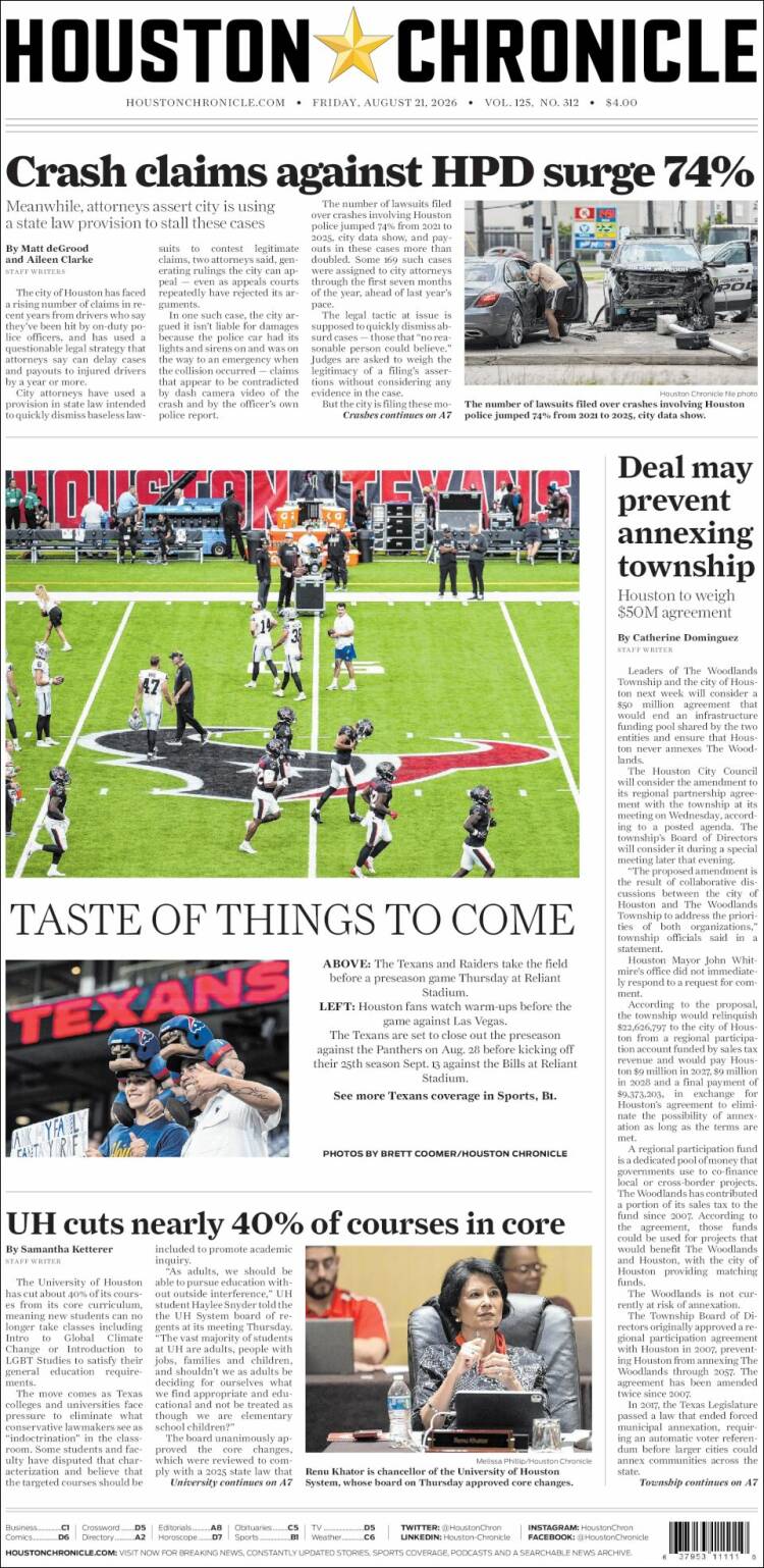 Portada de Houston Chronicle (USA)