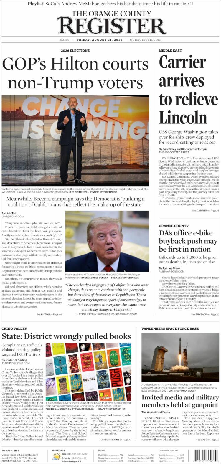 Portada de The Orange County Register (USA)