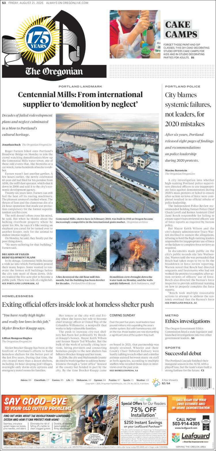 Portada de The Oregonian (USA)