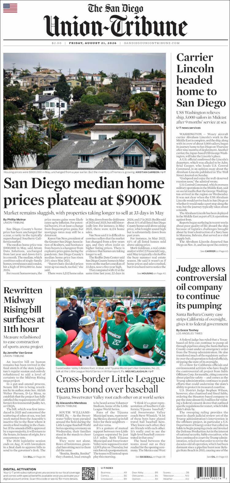 Portada de The San Diego Union-Tribune (USA)