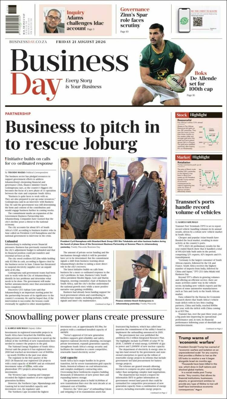 Portada de Business Day (Sud&aacute;frica)