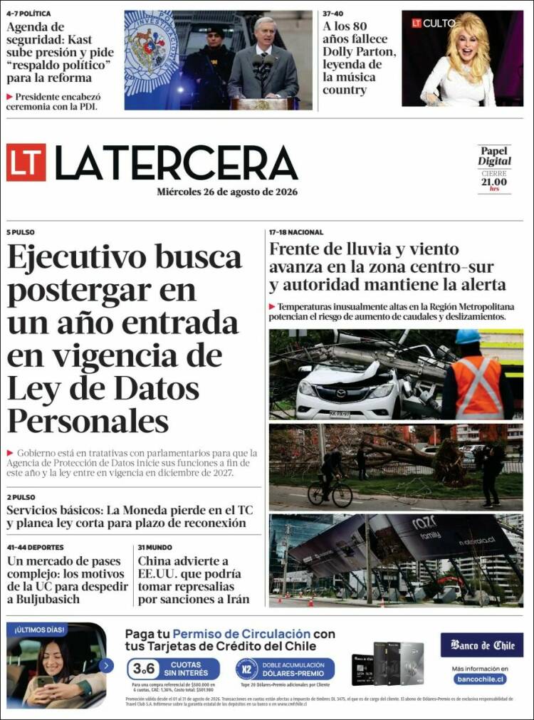 Portada de La Tercera (Chile)
