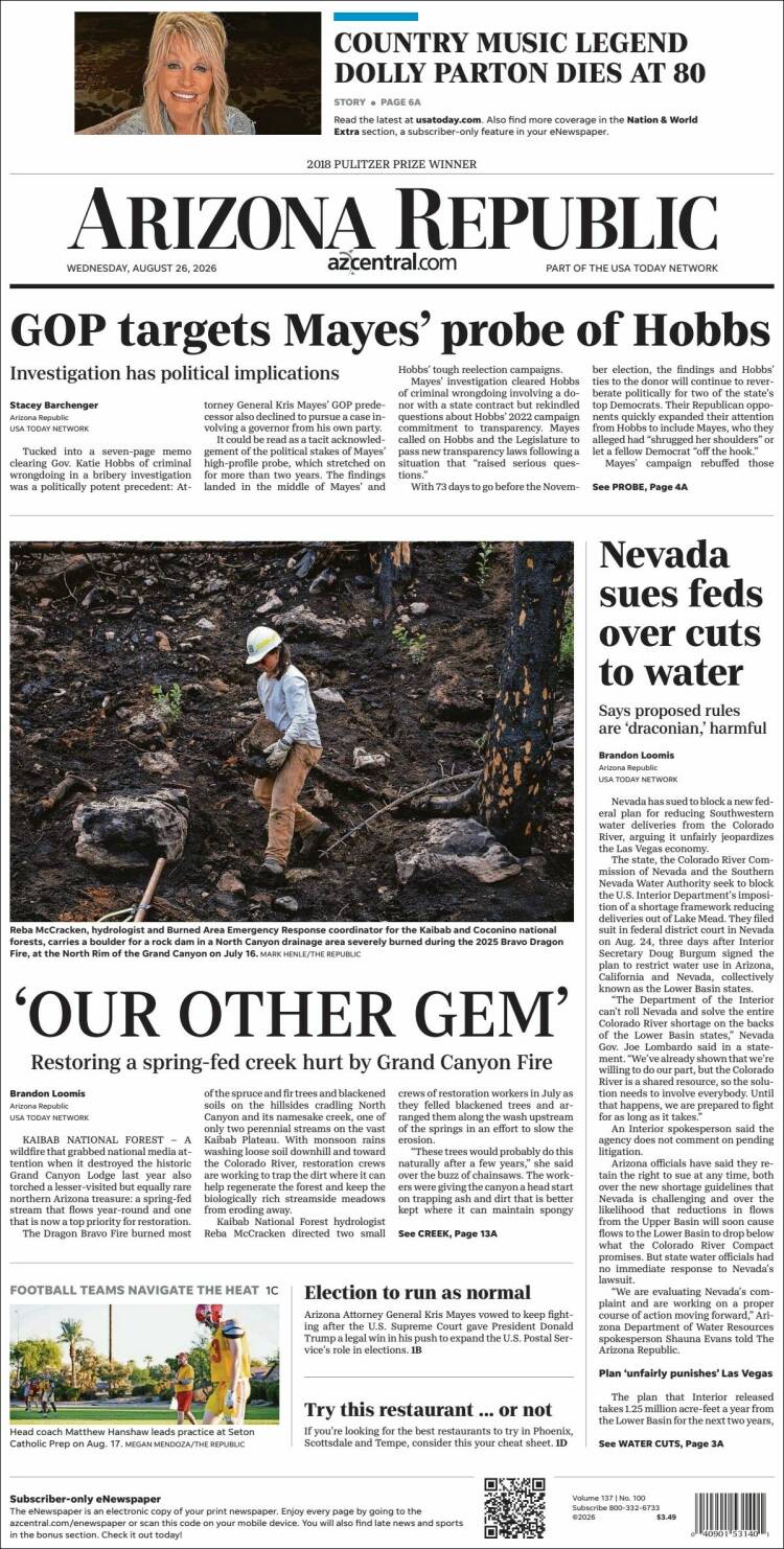 Portada de Arizona Republic News (USA)