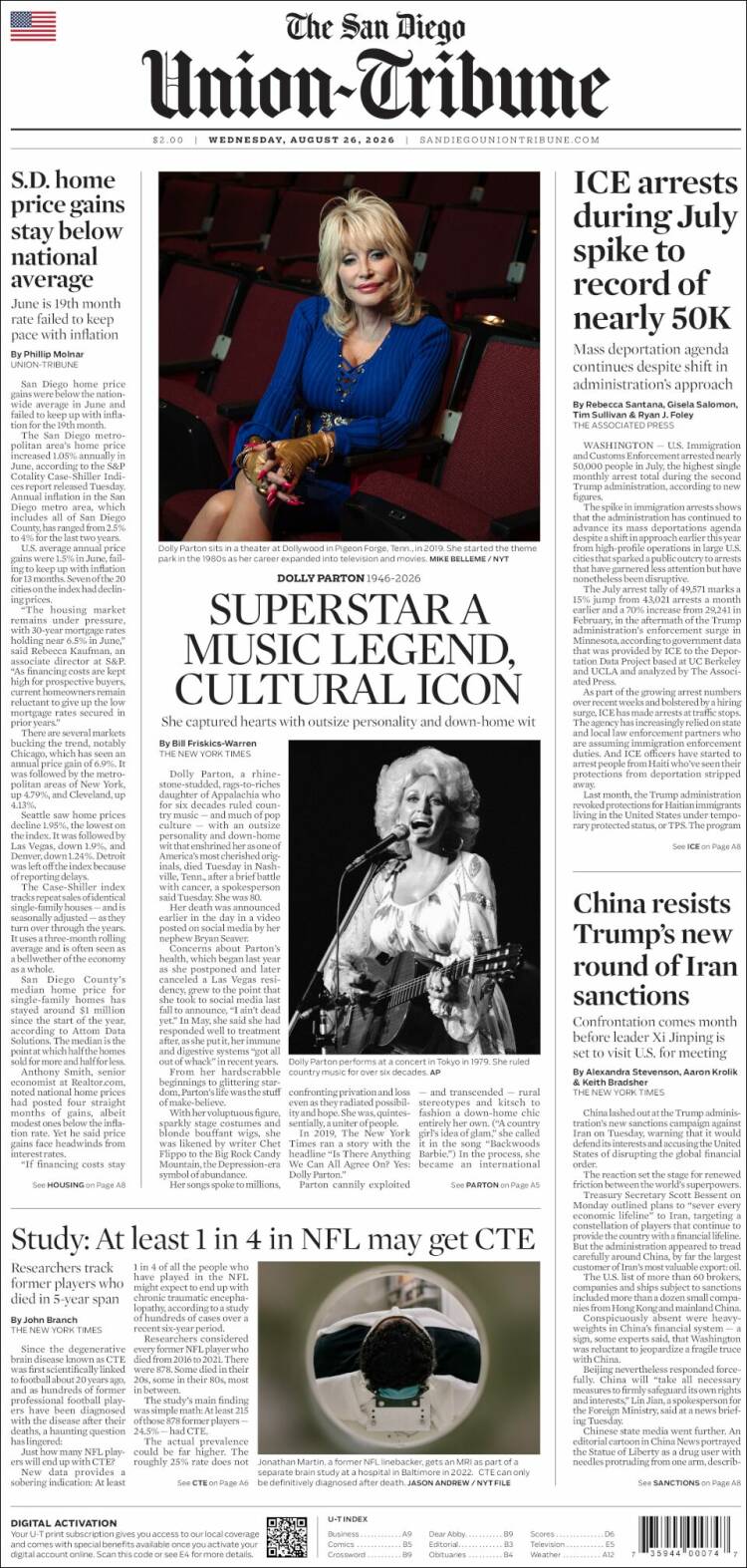 Portada de The San Diego Union-Tribune (USA)