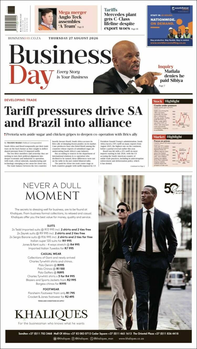 Portada de Business Day (Afrique du Sud)