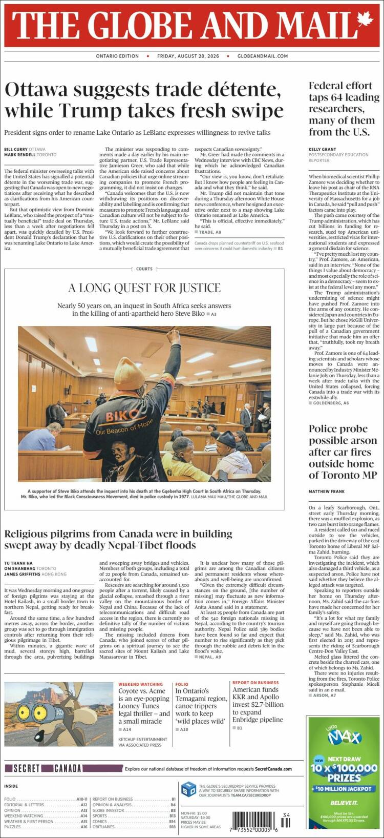 Portada de The Globe and Mail (Canad&aacute;)
