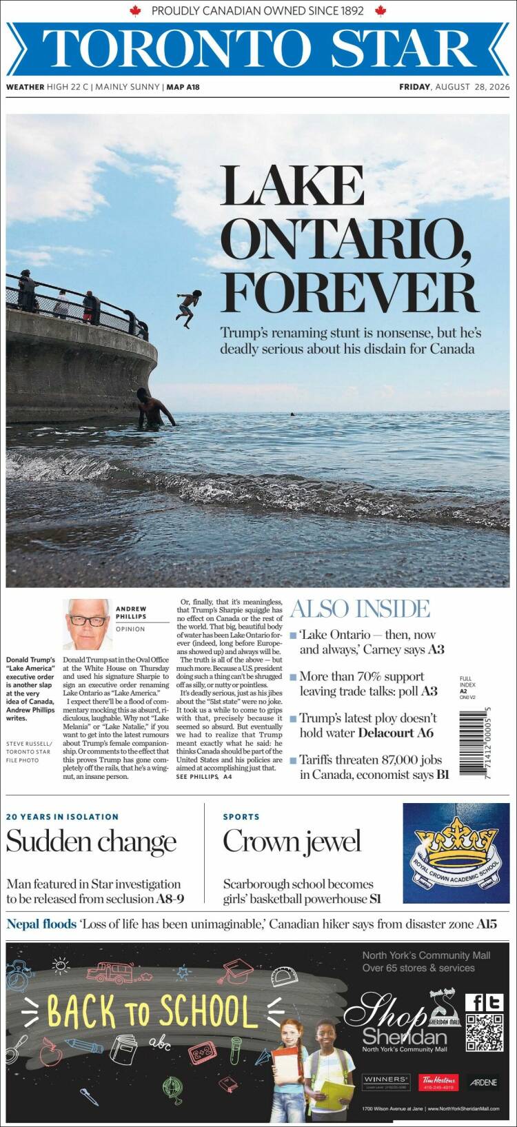 Portada de The Toronto Star (Canad&aacute;)