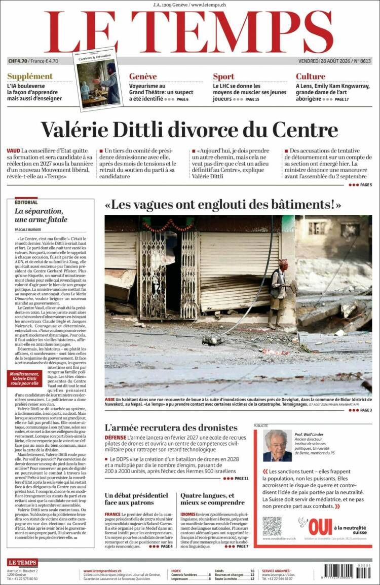 Portada de Le Matin (Suiza)