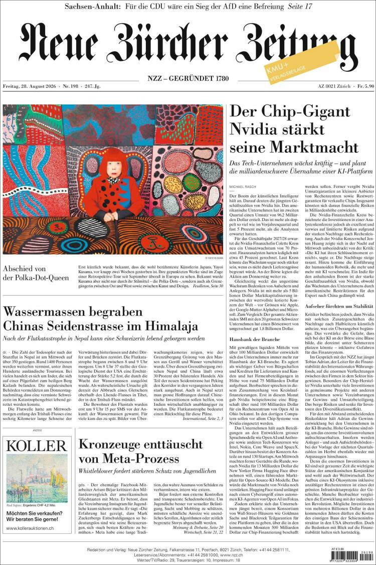 Portada de Neue Zürcher Zeitung (Suiza)