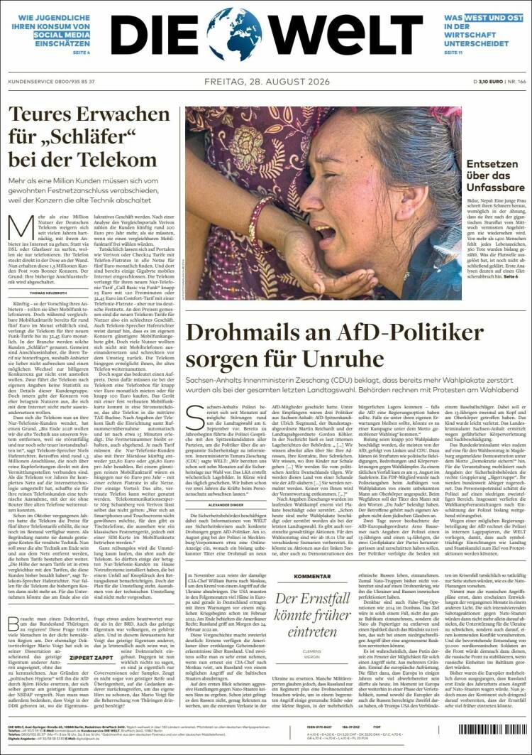 Portada de Die Welt (Alemania)