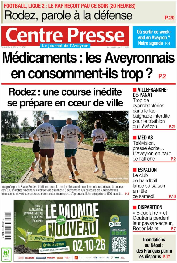 Portada de Centre Presse (Francia)