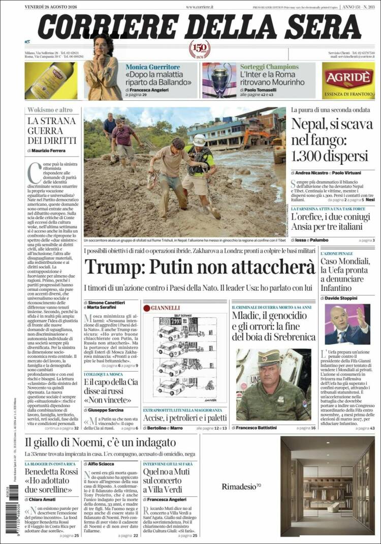 Portada de Corriere della Sera (Italia)