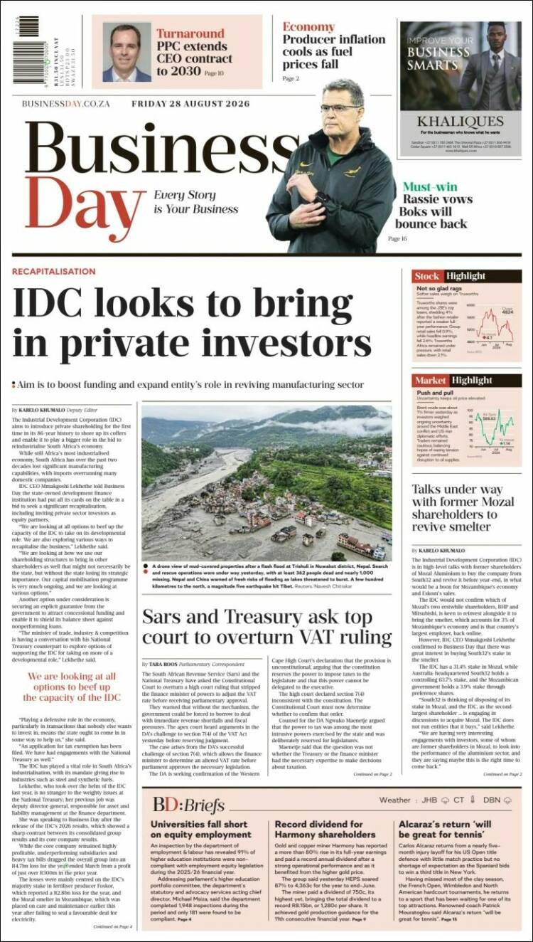Portada de Business Day (Sud&aacute;frica)