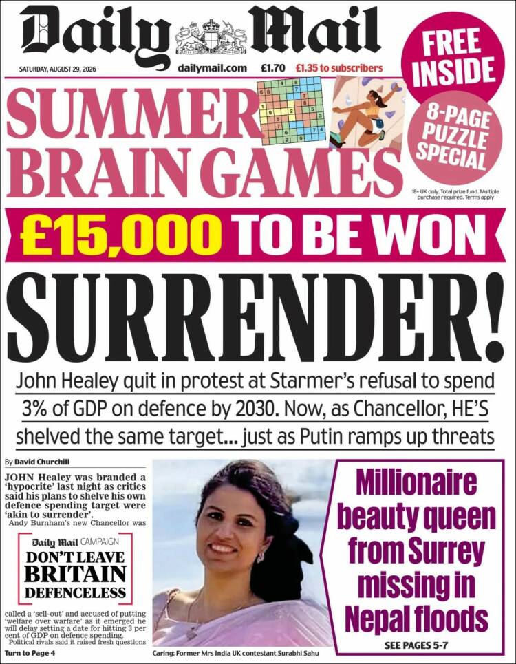 Portada de Daily Mail (Reino Unido)