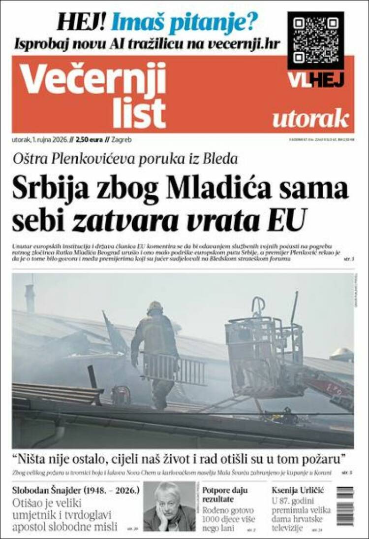 Portada de Večernji (Croacia)