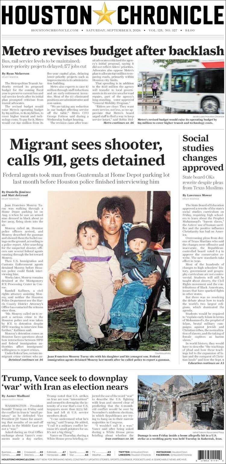 Portada de Houston Chronicle (USA)