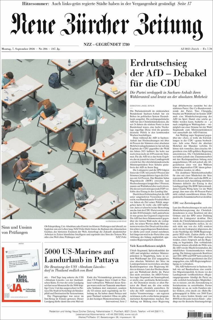 Portada de Neue Zürcher Zeitung (Suiza)