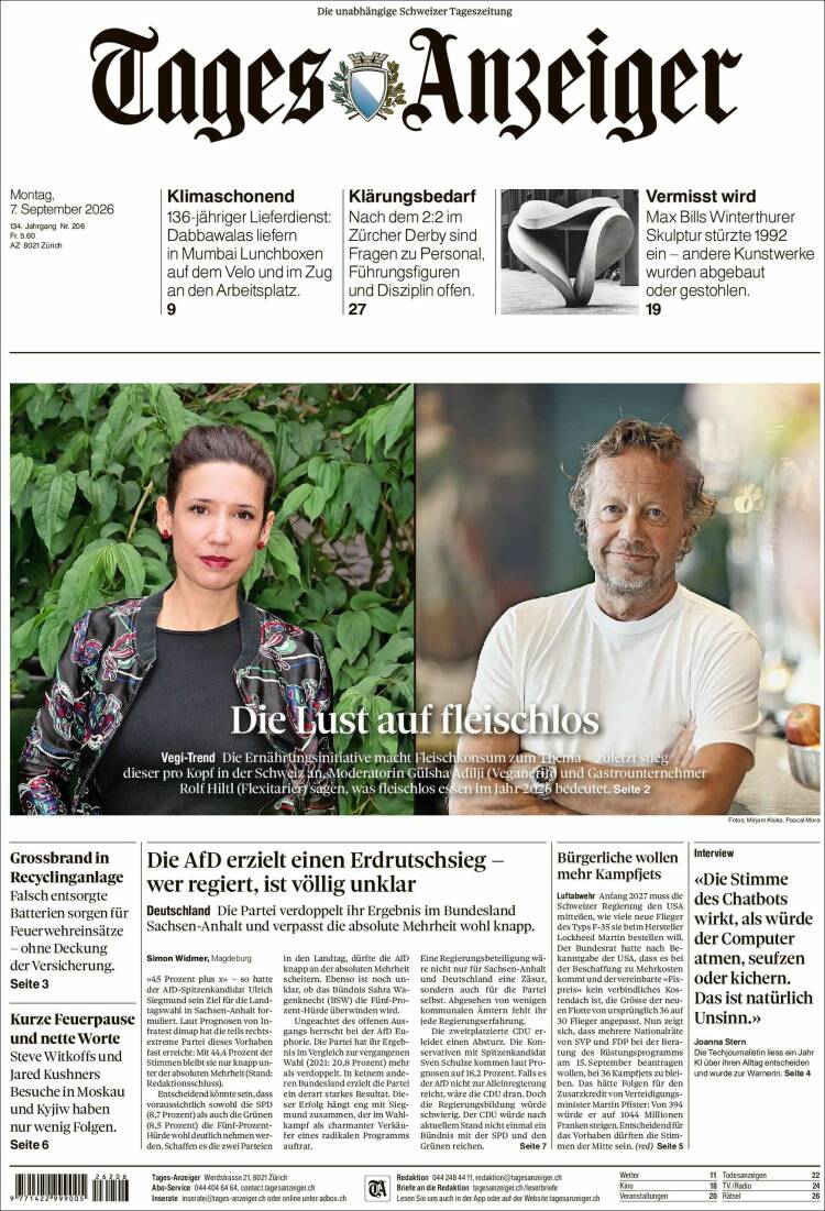 Portada de Tages-Anzeiger (Suiza)