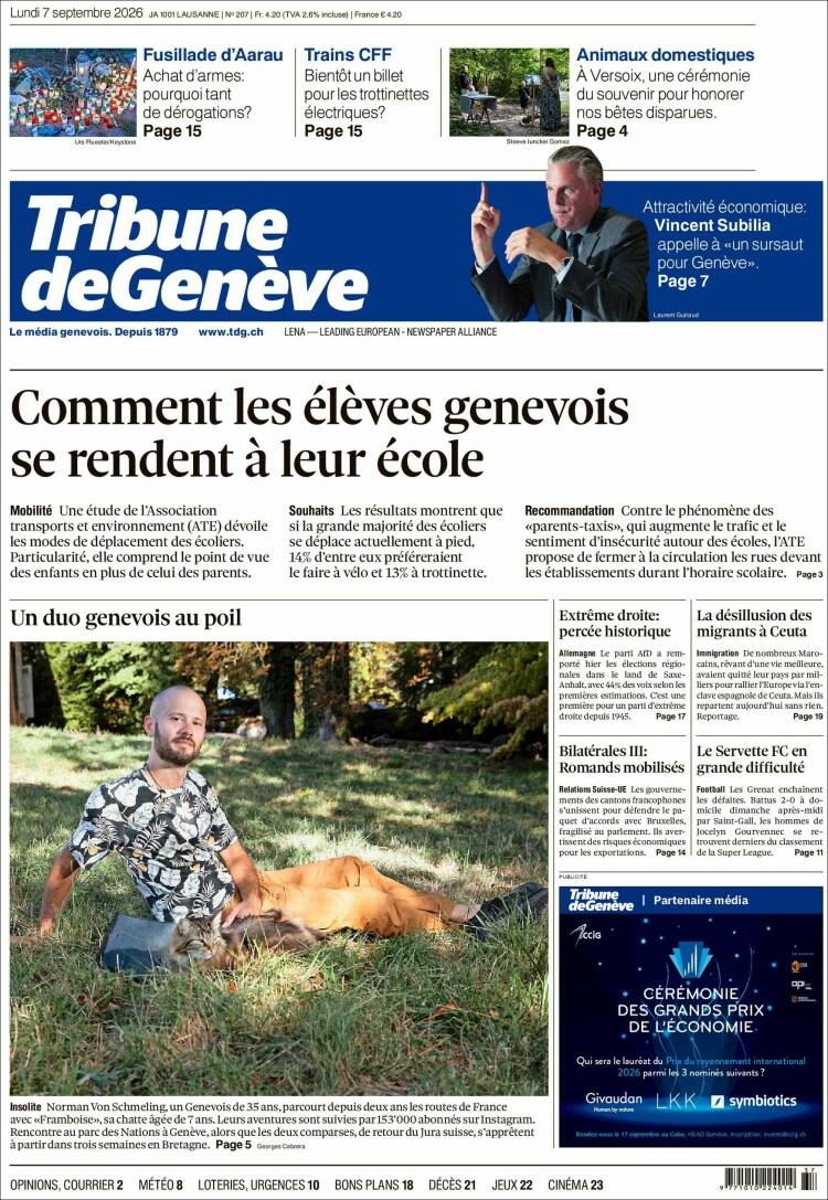 Portada de La Tribune de Genève (Suiza)