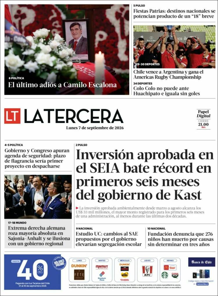 Portada de La Tercera (Chile)